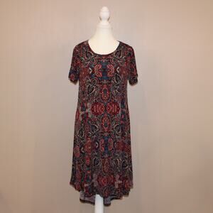 LulaRoe Carly Dress, size S, Paisley Burgundy, Tan & Blue hi-lo hem